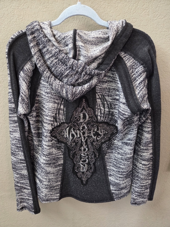 Harley-Davidson Sweaters - Harley-Davidson Black and Gray Hooded Knit Sweater with Embroidered Cross Patch